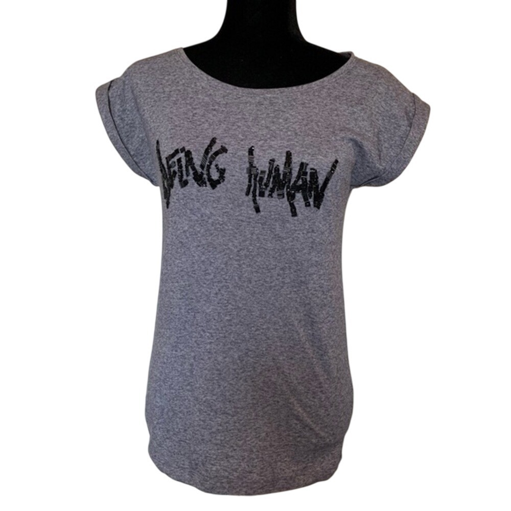 Being Human Heather Gray Beaded Graphic Short Sleeve T-Shirt Rolled Cuff Tee